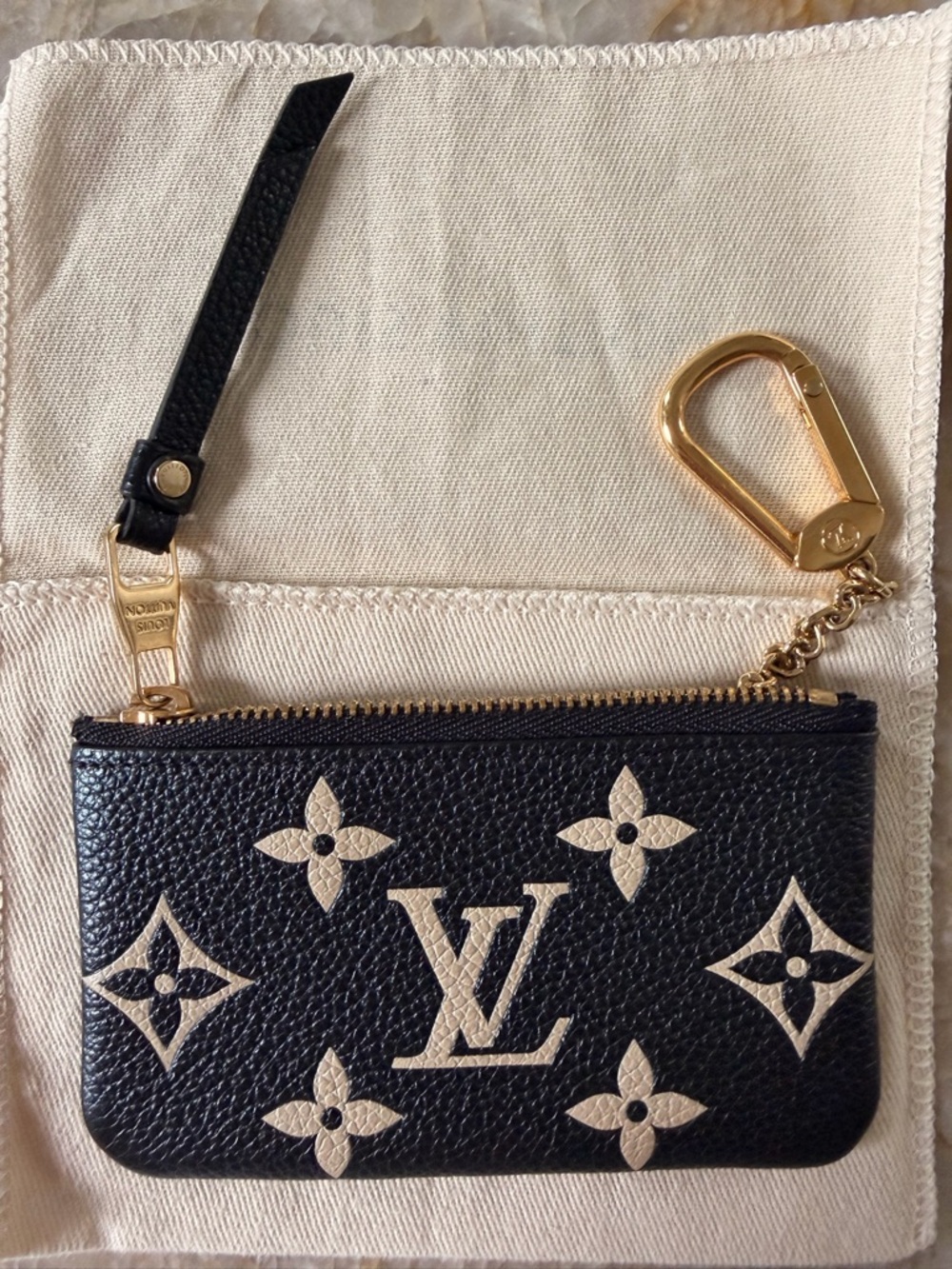 Louis Vuitton Black and Cream Monogram Zip Key Pouch with Gold Chain